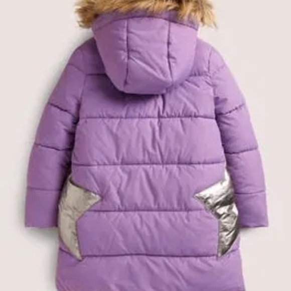 Boden Girls Longline Padded Jacket In Purple with Removable Faux Fur Trim Hood - Picture 11 of 11